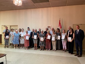 Belleville-area Queen's Jubilee Pin honorees join Bay of Quinte MP Ryan Williams, far right, Wednesday at Belleville's Royal Canadian Legion.
