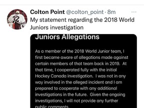 Colton Point issues statement regarding a Hockey Canada investigation into allegations of sexual assault involving Team Canada Juniors.