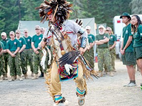 Master Corporal Donald Sutherland, of Constance Lake First Nation, performs a traditional dance at the opening ceremony for Camp Loon held recently on Springwater Lake, north of Geraldton. MASTER CORPORAL CHRISTOPHER VERNON/CANADIAN RANGERS