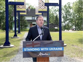 Premier Jason Kenney announced new provincial supports for Ukrainian newcomers early this month at the Ukrainian Cultural Heritage Village. Photo Supplied