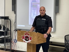North Bay Police Sgt. Brad Reaume spoke Thursday night during anti-human trafficking task force announcement.