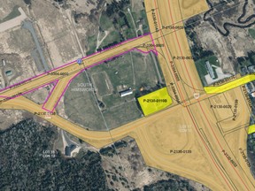 Powassan council wants to acquire the two roads highlighted in pink from the Ministry of Transportation to improve access to the municipality's industrial park. The longer stretch is the former Highway 534 and the short roadway is Fair View Lane which connects to the new Highway 534. If acquired, the municipality would extend Industrial Park Drive (denoted by the long grey road) by crossing the former highway and connecting to Fair View Lane in a straight line. The realignment means big trucks would no longer have to make a 145 degree left turn from Fair View Lane onto old Highway 534.