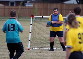 Sarnia Storm goalie Tom Schopf smiles after making a save during the Hometown Games soccer tournament Saturday at Corunna Athletic Park.  Terry Bridge/Sarnia Observer/Postmedia Network
