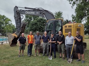 Groundbreaking for The Seaforth Splashpad Initiative at Lions Park was held recently. From left are Bryan Vincent, Seaforth Lions Club president; Derrick VanDriel, VanDriel Excavating Inc.; Ian Klein, Elligsen Electric; Luke Janmaat, Progressive Turf; John Snell and Pete Klaver, Seaforth Lions Club; Brad McRoberts, Huron East CAO; and Dean Wood, Envira North Systems. Handout