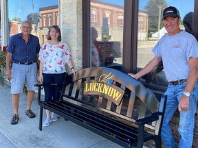 The Lucknow and District Chamber of Commerce has financed 11 new benches, which were made by chamber member Smyth Welding, as part of improvements in the downttown. From left, Rod McDonagh, chamber executive member who spearheaded the project, chamber president Dionne Smith and Barry Smyth, owner of Smyth Welding and Machine Shop, show off one of the new benches.
(Shauna Van Osch photo)

For more see page 2