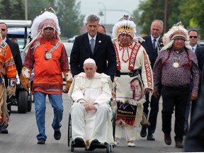 Chiefs walk with Pope Francis from the site of the former Ermineskin residential school to Maskwa Park, where His Holiness apologized for the Roman Catholic Church’s role in the cultural destruction and forced assimilation of Indigenous people, which culminated in residential schools.
Christina Max