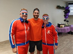 Chatham-Kent firefighters Jason King, left, and Eric Smith, right, may have finished second in their division at the 'Rally at the Barn' pickleball fundraiser for the Lighthouse Foundation on Saturday in Dresden, but they were tops when it came to style. They are seen here with NHL'er T.J. Brodie, who hosted the pickleball weekend event with his wife Amber, both Dresden natives. Ellwood Shreve/Postmedia