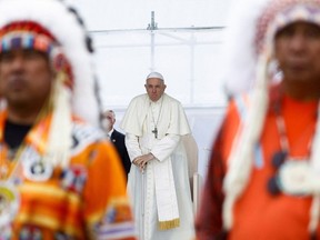 Pope Francis meets with First Nations, Metis and Inuit communities in Maskwacis, Alberta, Canada on July 25. Photo by GUGLIELMO MANGIAPANE / REUTERS