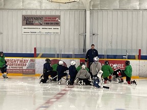 Matt Marquardt teaching young students at his annual hockey camp at the Pete Palangio arena.