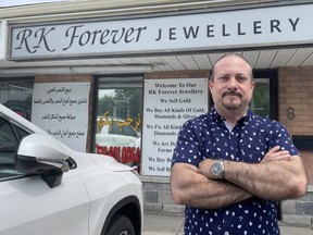 Subhi Kutob says his business partner Riham Kamil is lucky to be alive after he was shot near his heart in what Kutob believes was a botched carjacking or robbery attempt at RK Forever Jewellery on Wonderland Road on Wednesday. Photo shot on Thursday, July 29, 2022. (JONATHAN JUHA/The London Free Press)