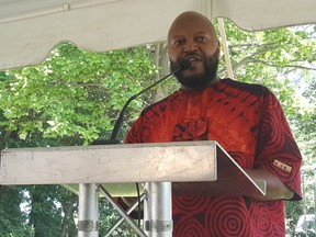 Speaking on Saturday at the newly named Josiah Henson Museum of African-Canadian History, formerly known as Uncle Tom's Cabin, is Rev. Terrence Vick, Henson's great-great-grandson. (Trevor Terfloth/The Daily News)