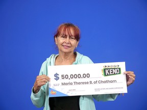 Maria Therese Bailey of Chatham won $50,000 playing Daily Keno 8 Pick. (Handout/Postmedia Network)