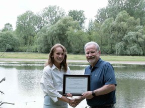 Strathroy District Collegiate Institute graduate Kiersten Dunning picked up the $1,000 A.W. Campbell Memorial scholarship from St. Clair Region Conservation Authority chair Mike Stark. Dunning will be studying wildlife biology and conservation at the University of Guelph in the fall.
Handout/Age Dispatch