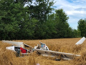 The aircraft which crashed Monday about 7:45 p.m. just east of Mount Forest, which left one person dead. (Grey Bruce OPP photo)