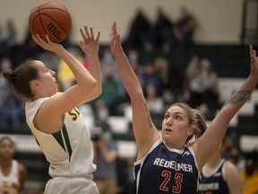 St. Clair’s Logan Kucera drives to the net in OCAA women’s basketball between the St. Clair Saints and the Redeemer Royals at the St. Clair College SportsPlex in Windsor, Ont., on Saturday, March 5, 2022. (DAX MELMER/Windsor Star)