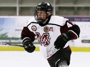 Chatham Maroons' Bryar Dittmer plays against the London Nationals at Chatham Memorial Arena in Chatham, Ont., on Sunday, Feb. 20, 2022. Mark Malone/Chatham Daily News/Postmedia Network