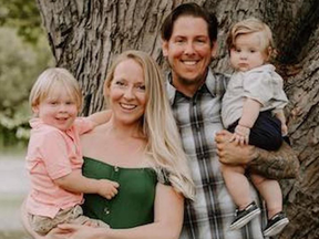 Kyle Dow and his wife Victoria Dow hold their sons, Ryder and Axel. Mr. Dow was killed in a collision on Highway 403 in Brantford on July 15. A Go Fund Me has been set up to help his young family.