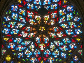 Stained glass in the cathedral of Laon in France.