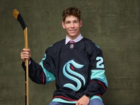 David Goyette, the 61st-overall pick by the Seattle Kraken, poses for a portrait during the 2022 NHL Entry Draft at the Bell Centre on Friday, July 8, 2022 in Montreal, Quebec.