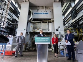 Federal Minister of Transport Omar Alghabra announced more than $500 million in incentives for medium- and heavy-duty zero-emission vehicles, helping businesses to switch to electric fleets.  Alghabra was at the Fraunhofer center at Western University, which researches composites of all types for automobiles, trucks and manufacturing in London.  Photograph taken on Monday July 11, 2022. (Mike Hensen/The London Free Press)