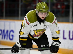 Grayson Ladd plays for the North Bay Battalion during the 2021-22 OHL season. (Robert Lefebvre/OHL Images)