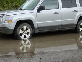 A vehicle became stuck in high water on Winnipeg St after a flash flood Tuesday afternoon. Pollen lines on the vehicle show how high the water was.