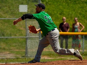 Rich Corrente of Chatham, Ont., pitches for the Welland Jackfish in an Intercounty Baseball League game. (Craig Aikin/Photo Courtesy of Welland Jackfish)