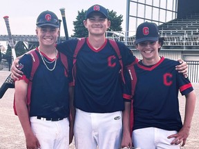 Dylan Tremblay, left, Nathan Wall and Kaleb Cranston of Chatham, Ont., are representing the Western Counties Baseball Association at the 2022 Ontario Summer Games in Mississauga. (Contributed Photo)
