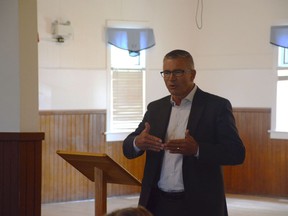 UCP MLA Travis Toews talks to party members at the Balzac Community Hall on June 30 to inform them of his intentions in joining the leadership race. Photo by Riley Cassidy/The Airdrie Echo/Postmedia Network Inc.
