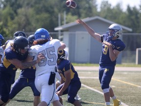 Sault Sabercats quarterback Gabe Barkley lets it fly during the first quarter of an Ontario Summer Football League regular-season game. The 'Cats dropped a 30-7 decision to the Cumberland Panthers on Saturday night at Superior Heights.