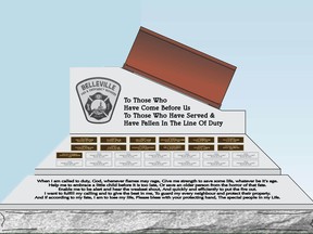 A conceptual graphic shows the proposed design of a Belleville Fire and Emergency Services memorial to fallen firefighters.