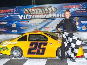 In the crowd-pleasing Kingsway Auto Centre Junior Late Model field it was Lucas Finnegan (No. 26) taking the checkered flag Ð Saturday, July 23 Ð at Peterborough Speedway.ÊMELISSA SMITS - OneNine Marketing
