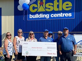 HBM Metal Roofing and Trim / Castle Building Centre recently hosted their grand opening, an event that has been postponed for nearly three years thanks to the pandemic. Part of the celebrations was the presentation of a donation for $1,500 to the Norwood Hospice Project. Third donation the company has made to the project in as many years. From left are Hospice Committee Members Barbara Waldron, Jan Darling and Rose Millet, HBM Castle Co-Owner Tom Main and Janet Blair and Frank and Maureen Nunes. SUBMITTED PHOTO