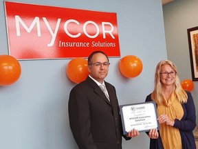 Belleville Chamber of Commerce CEO Jill Raycroft congratulates Peter Goyer, managing partner for MYCOR Insurance Solutions, on the grand opening of his new location at Bayview Mall on Thursday. SUBMITTED PHOTO
