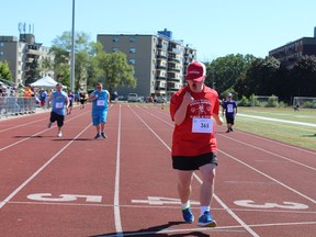 Taylor Redmond of Guelph gets ready to cross the finish line on Saturday, July 9 at the Hometown Games, hosted by Special Olympics Ontario, in partnership with Special Olympics Brantford and held at Kiwanis Field.  MICHELLE RUBY PHOTO