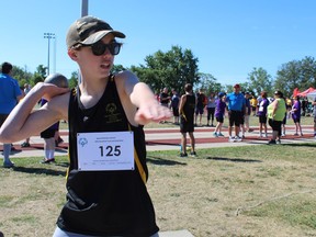 Thirteen-year-old Jimmy Vanderhartst of Brantford competes in shotput on Saturday, July 9 at the Hometown Games, hosted by Special Olympics Ontario, in partnership with Special Olympics Brantford and held at Kiwanis Field. MICHELLE RUBY PHOTO