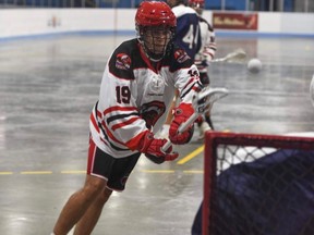 Tyler Brown of the Six Nations Rivermen takes a shot during a recent Ontario Series Lacrosse game. Photo courtesy Nanticoke Photography