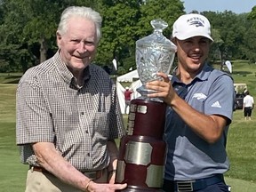 Langton's Peyton Callens (right) holds the Ontario men's amateur golf trophy with Gary Cowan, a Kitchener native and seven-time winner of the event who was named Canadian male golfer of the 20th century and who is in Canada's Sports Hall of Fame and the Canadian Golf Hall of Fame. Submitted