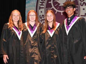 Brockville's Thousand Islands Secondary School held its 59th annual Commencement on June 28, celebrating the Class of 2022. From left, are Principal's Medal recipient Alison Eyre, Governor General's Medal recipient Maggie Crawford, Ontario Principals' Council Leadership Award recipient Maddie Baker, and Valedictorian and Matheson Leadership Award recipient Shan Dhanoa.
Andrew Kizell photo