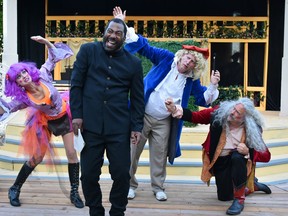 The St. Lawrence Shakespeare Festival's 20th anniversary edition of Twelfth Night, which opens Saturday evening, includes,  from left, actors Melissa Morris as Feste; Quincy Armorer (playing both Malvolio and Antonio), Ian Farthing (here as Sir Andrew Aquecheek and also playing Duke Orsino) and Doug MacNaughton as Sir Toby Belch.
(SUBMITTED PHOTO BY DEANNA CLARK)