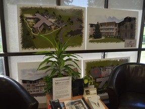 Drawings of the proposed Maple View Lodge redevelopment are in the window of the lobby at the United Counties of Leeds and Grenville office building in Brockville. 
Tim Ruhnke/The Recorder and Times