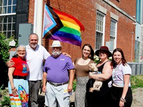 From left, Sam Crosby, Gananoque Coun. Dennis O'Connor, Gordon Cooke, Bianca Timmerman, Cara Dixon and Makayla Swain gather for Pride Week. (KEITH DEMPSEY/Local Journalism Initiative Reporter)
