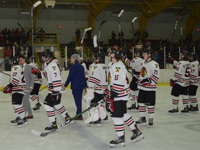 Fans are acknowledged by the Brockville Braves after the Jr. A team guts out a four-overtime win in game seven of the CCHL playoff series with Pembroke in April. The Braves and Jr. B Tikis are seeking billets for the upcoming junior hockey season.
File photo/The Recorder and Times
