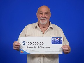 Homer Martin of Chatham won $100,000 when six of seven Encore numbers matched on the Lotto Max ticket he purchased for the June 3 draw.. Handout