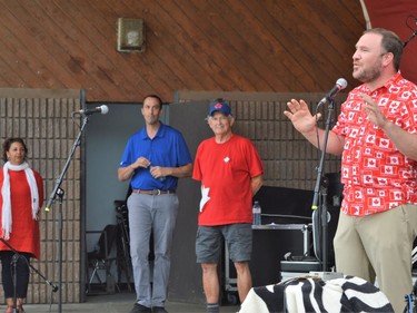 From left, Senator Bernadette Clement, SDSG MPP Nolan Quinn, acting Mayor Syd Gardner, and SDSG MP Eric Duncan during Canada Day opening ceremonies at Lamoureux Park on Tuesday August 24, 2021 in Cornwall, Ont. Shawna O'Neill/Cornwall Standard-Freeholder/Postmedia Network