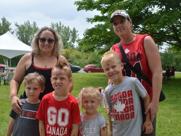 Front row, from left to right: Cousins Beau Locke, Hudson Thomas, Harper Thomas, and Hunter Thomas. Back row, from left, Heather Locke and Vanessa Nicholls-Thomas on Friday July 1, 2022 in South Stormont, Ont. Shawna O'Neill/Cornwall Standard-Freeholder/Postmedia Network