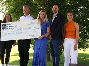 RBC staff members award a $100,000 grant to the the River Institute. From left: Stephany Hilderbrand, Jeff Ridal, Channelle Martel, Ryan Smith, Yanik Rozon. on Wednesday July 6, 2022 in Cornwall, Ont. Laura Dalton/Cornwall Standard-Freeholder/Postmedia Network