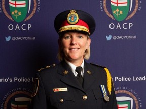 CPS Chief of Police Shawna Spowart in front of a Ontario Association of Chiefs of Police (OACP) banner.  Handout/Cornwall Standard-Freeholder/Postmedia Network