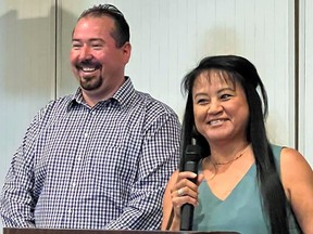 From left, Mohawk Council of Akwesasne Grand Chief Abram Benedict with chairwoman Jennifer Porter, Kootenai Tribe of Idaho, during opening remarks for the 5th annual Jay Treaty Border Alliance meeting. Handout/Cornwall Standard-Freeholder/Postmedia Network