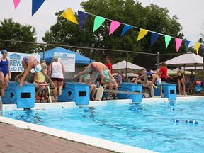 Swimmers dive into their race for the girls' 50 metre freestyle race in the 13 to 14 age category at the St. Andrews West recreational swim meet on Sunday July 24, 2022 in Cornwall, Ont. Laura Dalton/Cornwall Standard-Freeholder/Postmedia Network